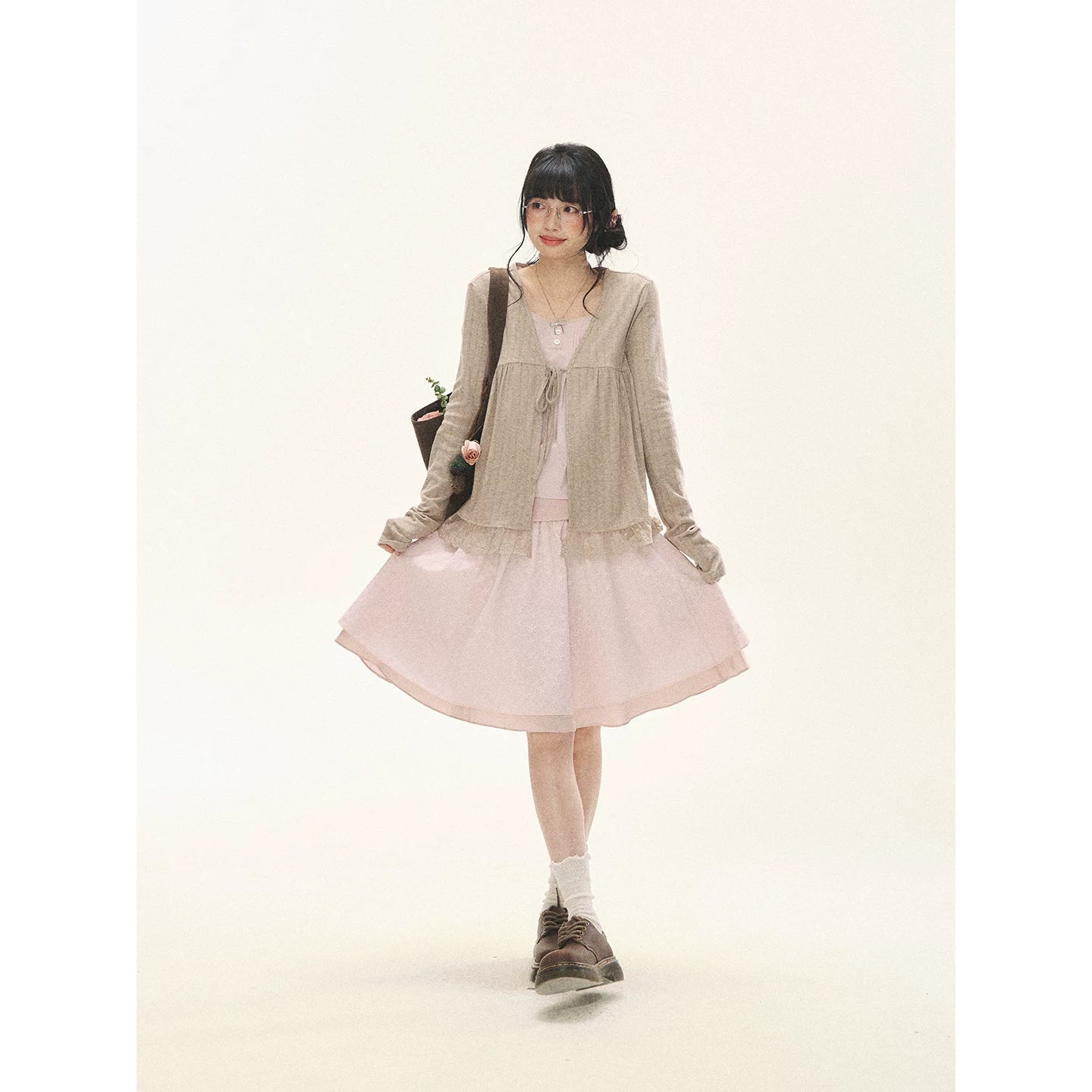 "Roasted Tea Heart" Milk Tea Faux-Layer Lace Cardigan & Skirt Set