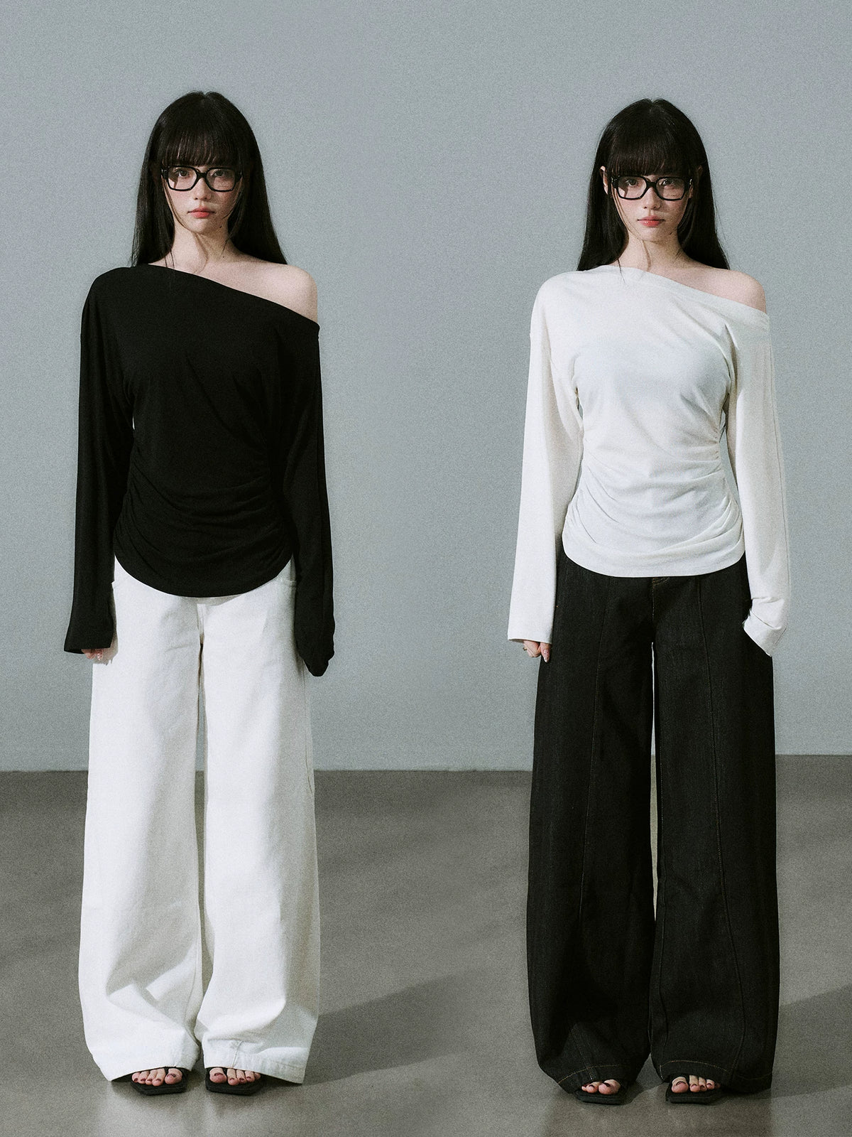 LOST FOREST - Black Lyocell-Wool One-Shoulder Long Sleeve Top