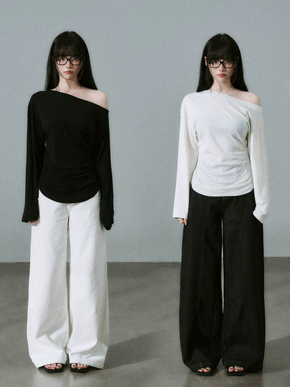 LOST FOREST - Black Lyocell-Wool One-Shoulder Long Sleeve Top