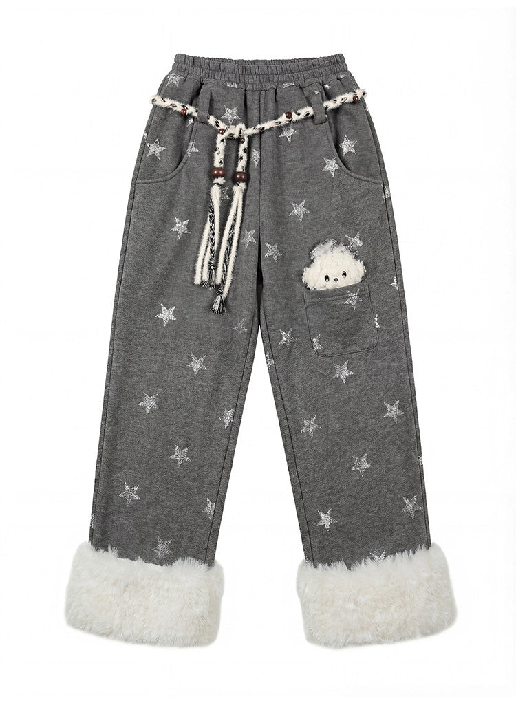 阮阮自制 - "Cold Star Snow" Faux Fur Star Print Fleece Jogger Pants
