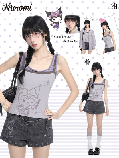 170726K "Twilight Rebel" Gray Purple Layered Summer Collection (Layered Cami Top / Casual Shorts)