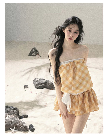"Breeze Upon the Waves" Cheese Yellow Off-Shoulder Diamond Quilted Mini Dress