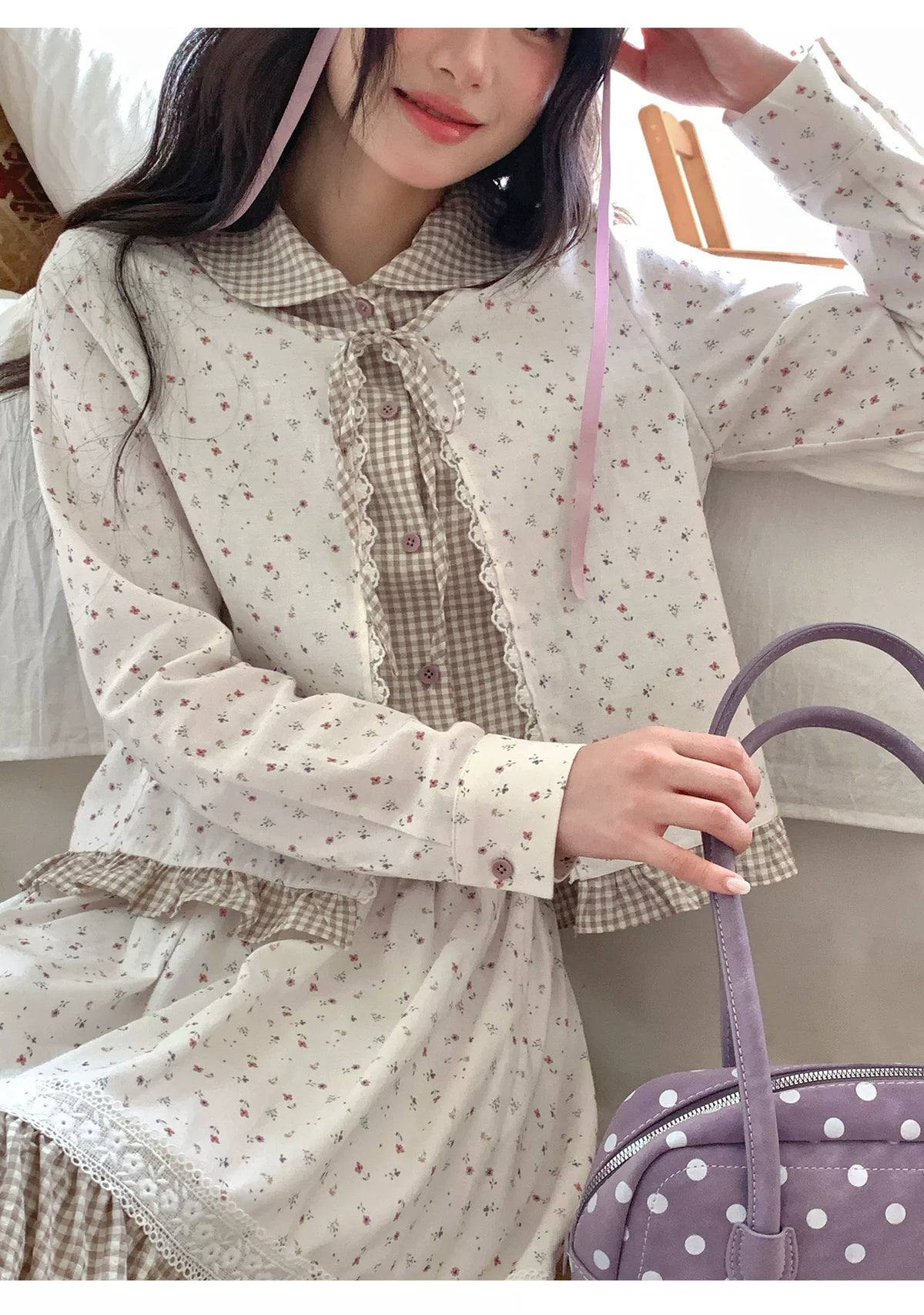 [RF] “Meadow Tea Party” Ivory & Light Brown Plaid Layered Blouse & Skirt Set