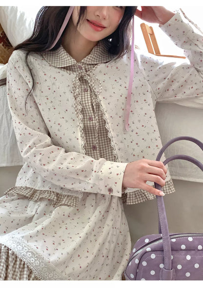 [RF] “Meadow Tea Party” Ivory & Light Brown Plaid Layered Blouse & Skirt Set