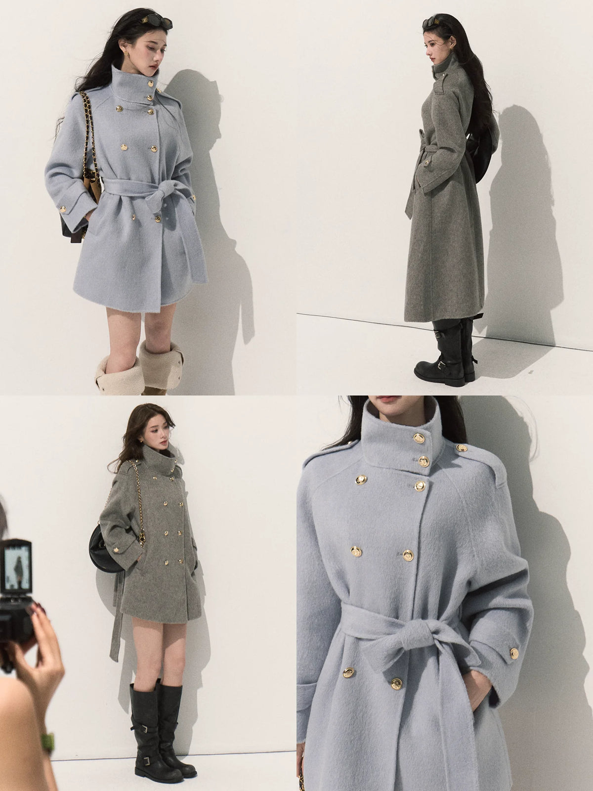 OAKMOO/ Pure Wool Belted Double-Faced Stand Collar Coat (Silver Blue / Flint Gray)