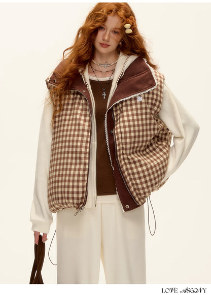 ASGONY - Reversible Plaid Lace-Trim Quilted Vest (Brown / Gray)