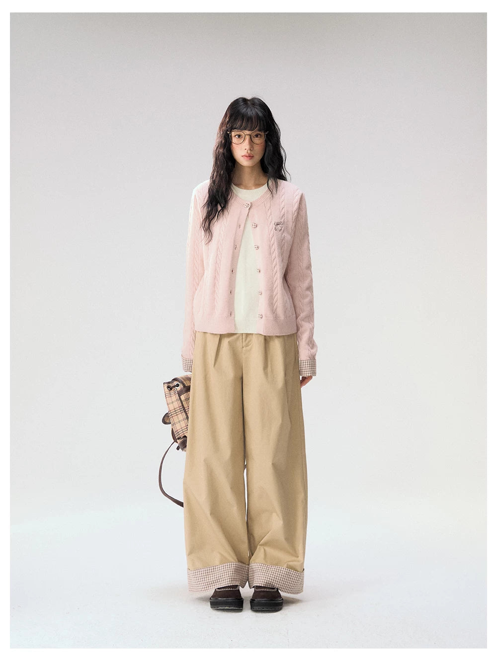 [CAN] "Strawberry Toast" Khaki Plaid Cuff Wide-Leg Pants