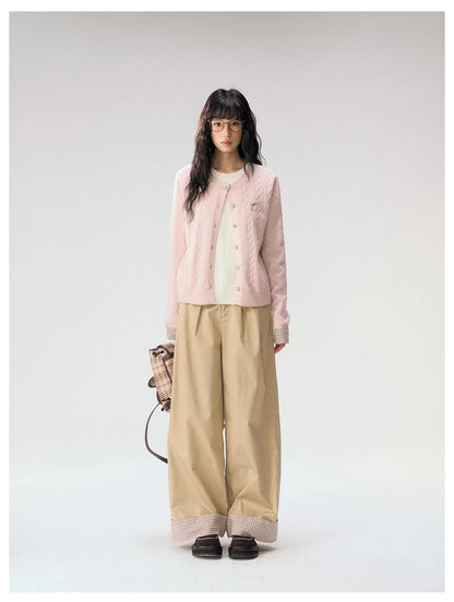 [CAN] "Strawberry Toast" Khaki Plaid Cuff Wide-Leg Pants