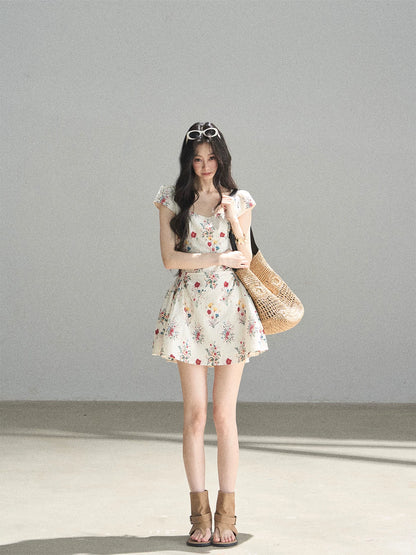 "Bloom Before Dawn" Dutch Cream Embroidered Floral Chiffon Mini Dress