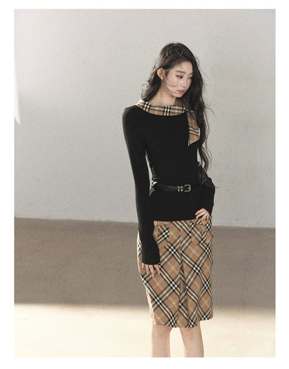 AOMALM - Black Knit Top & Light Smoky Brown Plaid Skirt Set with Belt