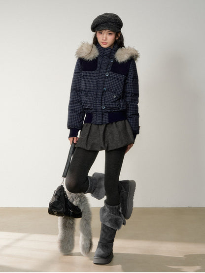 Soote Season - Navy Plaid Faux Fur Collar Cropped Hooded Down Jacket