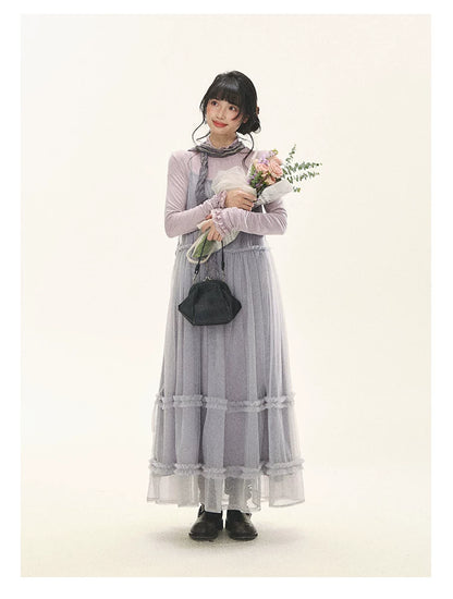 "Morning Veil" Morning Mist Purple Tiered Mesh Slip Midi Dress