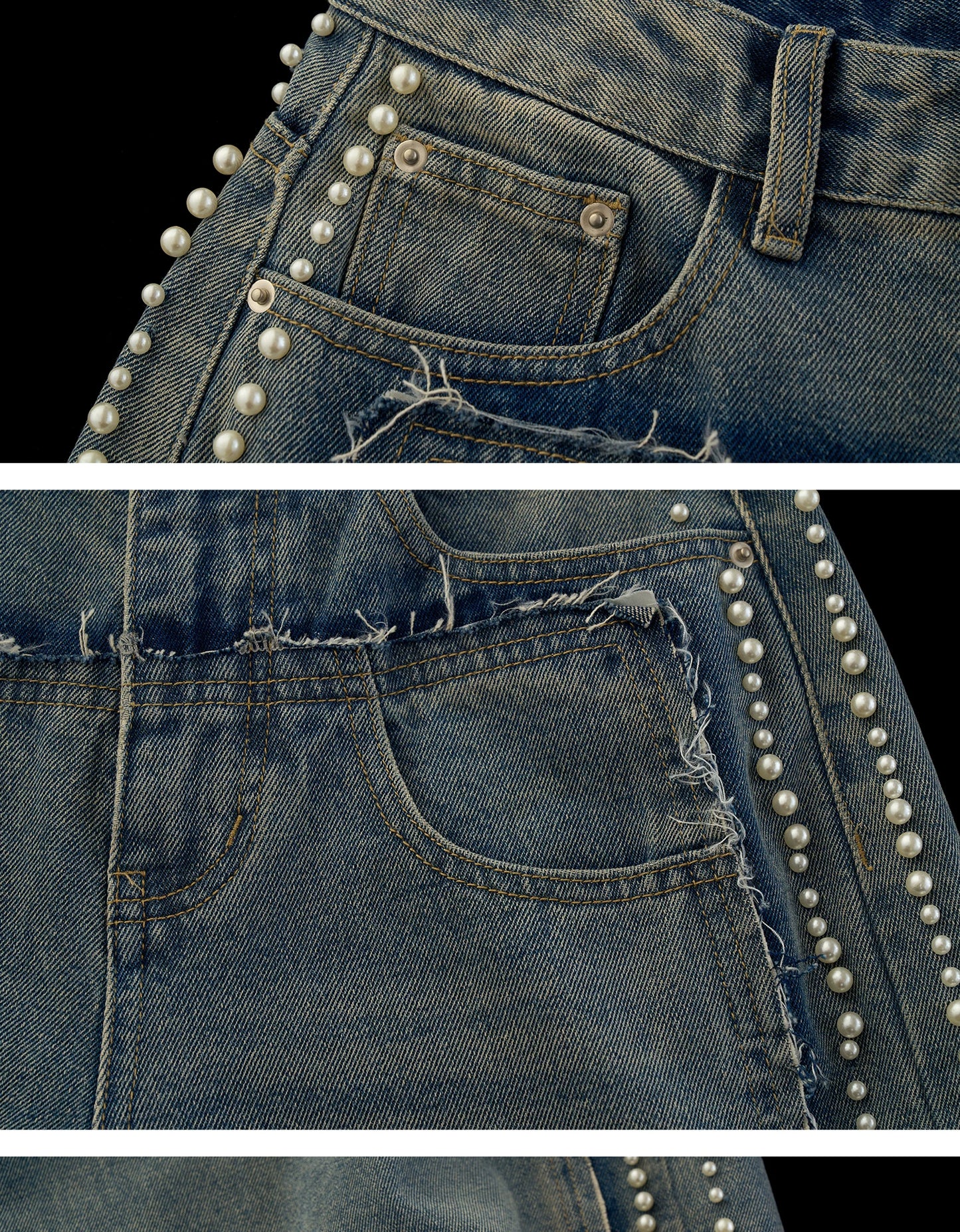 "Vintage Luxe Mood" Studded Distressed Straight-Leg Jeans WE1001