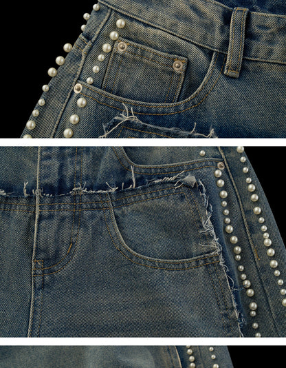 "Vintage Luxe Mood" Studded Distressed Straight-Leg Jeans WE1001