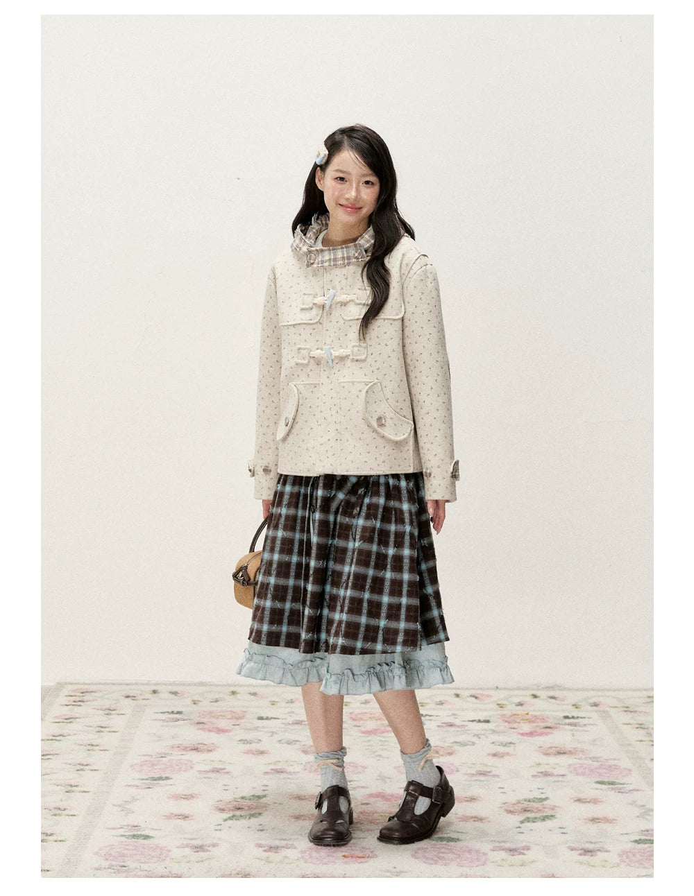 [RF] Floral Heather Beige Apricot Plaid-Trim Hooded Duffle Coat