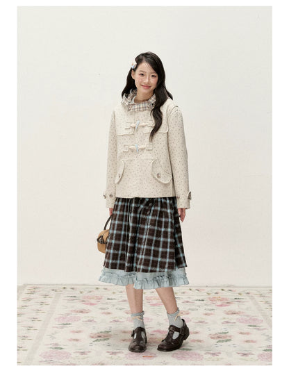 [RF] Floral Heather Beige Apricot Plaid-Trim Hooded Duffle Coat