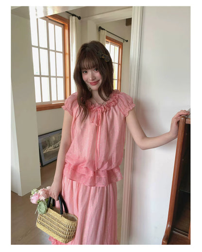 [RF] “Peach Picnic Reverie” Pink Plaid Two-Piece Skirt Set
