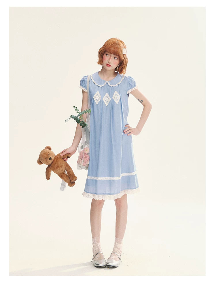 "Sweet Tea Doll" Haze Blue Lace Puff Sleeve Peter Pan Collar A-Line Dress