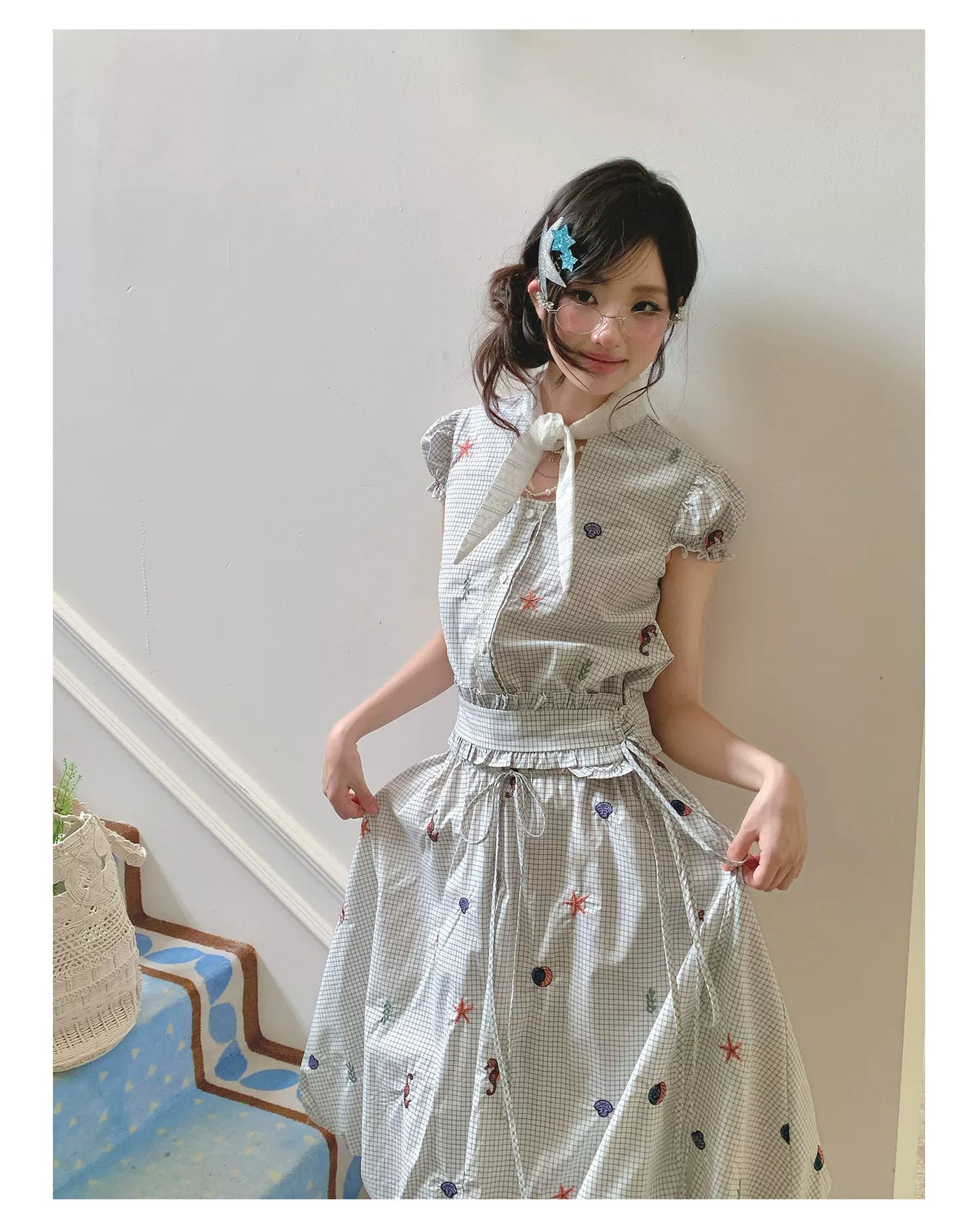 “Seaside Plaid Isle” Ocean Plaid Bubble Hem Dress