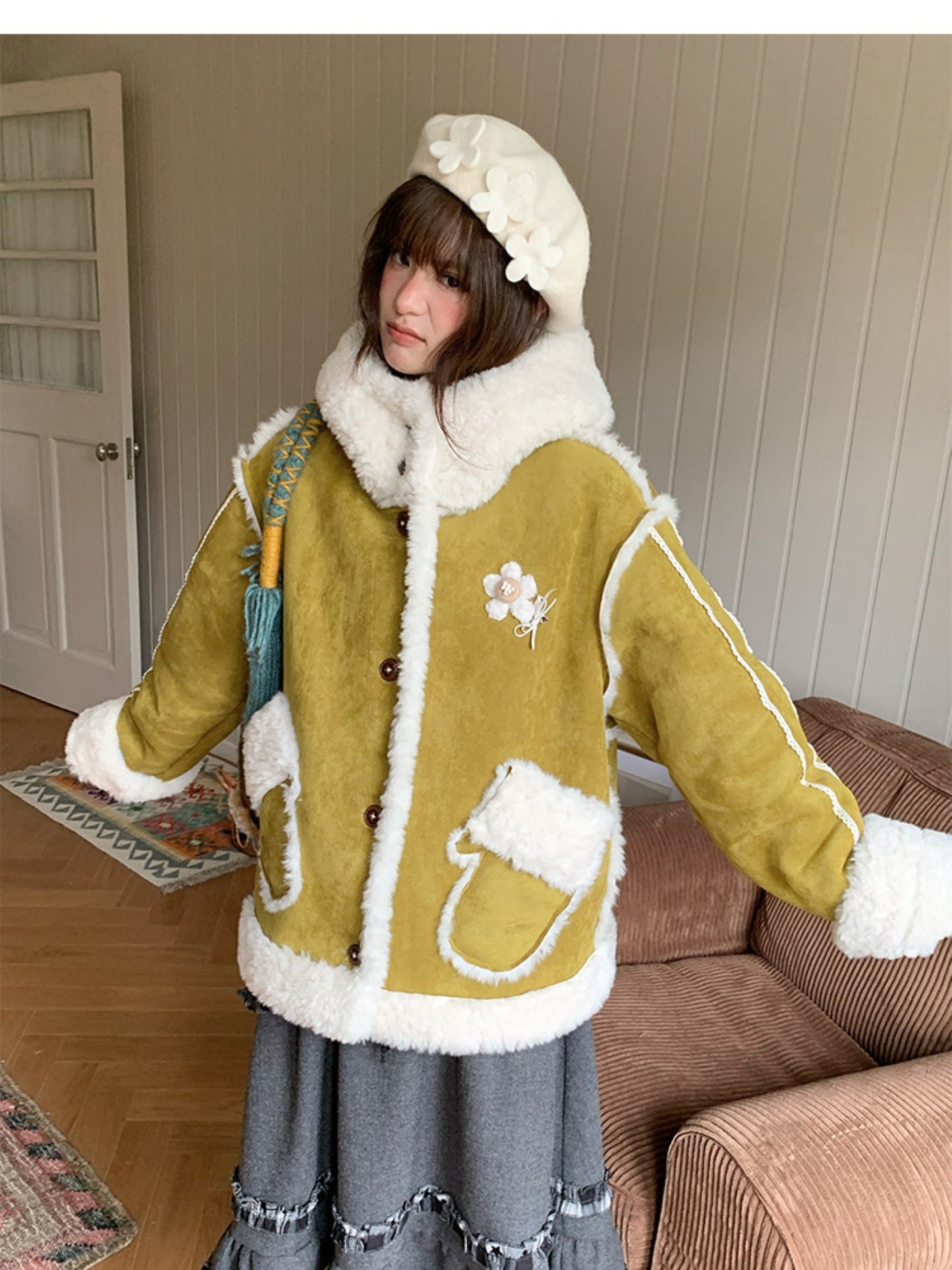 阮阮自制 - Tea Field Olive Green Shearling Jacket