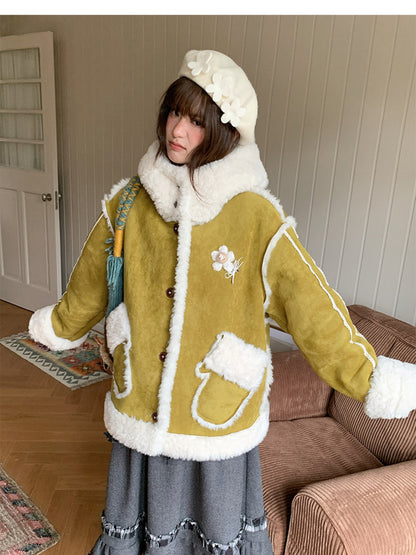 阮阮自制 - Tea Field Olive Green Shearling Jacket