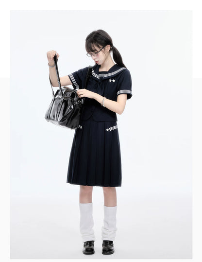 "Evening Star" Navy Sailor Uniform Collection (Sailor Blouse with Scarf / Pleated Midi Skirt)