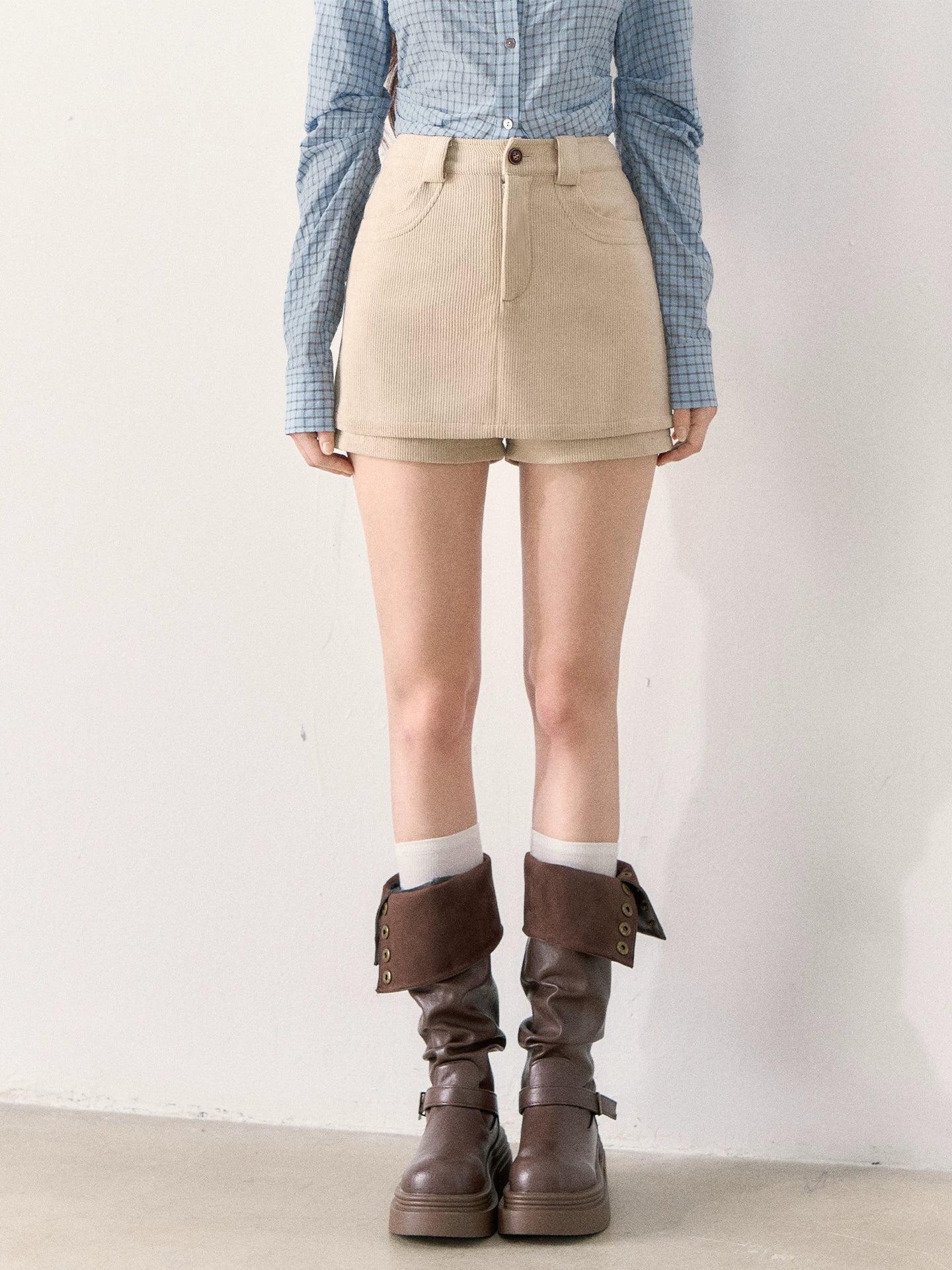 [TMMG] Miu-Inspired Blue Shirt, Knit Vest & Corduroy Skirt Set