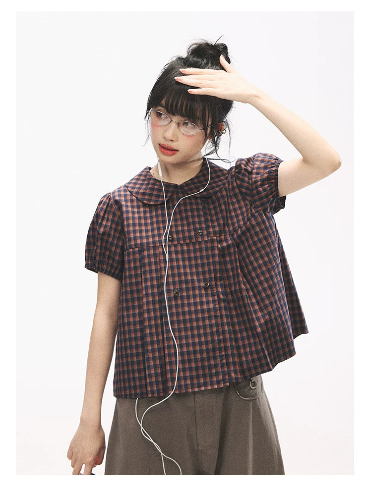 "Retro Plaid Sweetheart" Navy Orange Check Cotton Peter Pan Collar Blouse
