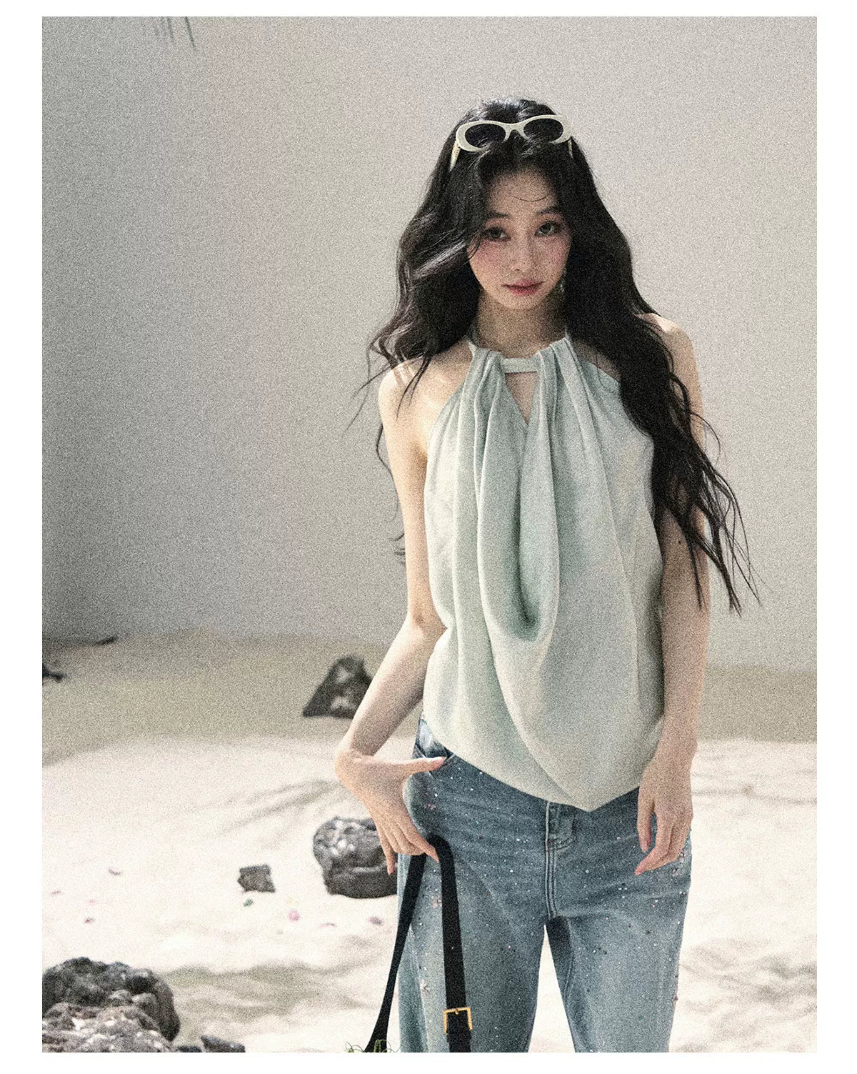 "Flowing Silk Reverie" Light Bean Green Halter Backless Top 536845
