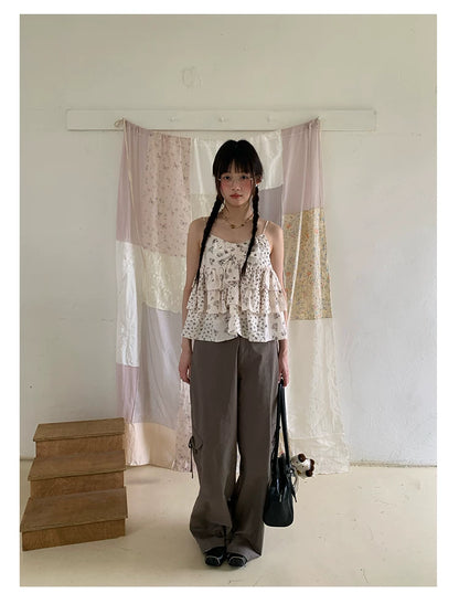 "Among the Blossoms" Soft Gray Floral Cotton Ruffle Cami Top
