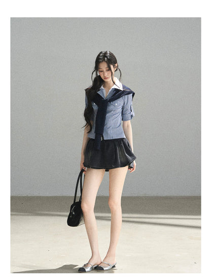 "Shimmer Across the Sea" Denim Bubble Skort (Rock Black/ Vintage Blue)