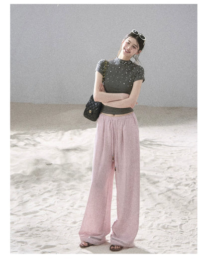 "Follow the Sea Breeze" Lightweight Straight-Leg Wide-Leg Pants (Lotus Pink/ Gray Sage Green/ Gray Blue)