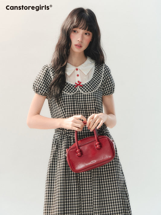 170726C "Black Cherry Check" Black Bow Doll Collar Dress