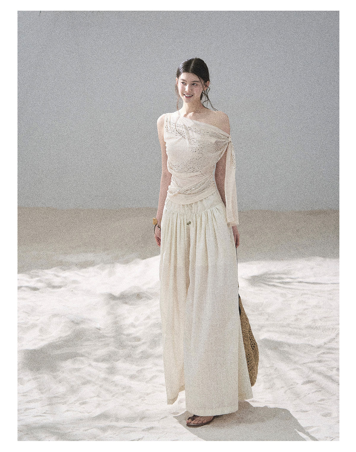 “Frosted Kiss” Milk Tea Tailored Wide-Leg Pants