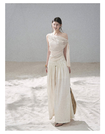“Frosted Kiss” Milk Tea Tailored Wide-Leg Pants