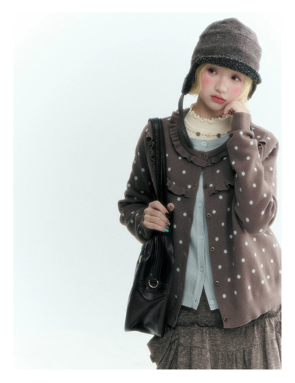 Dark Taupe Brown Polka Dot Layered Knit Sweater
