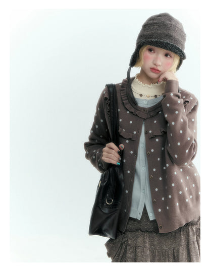 Dark Taupe Brown Polka Dot Layered Knit Sweater