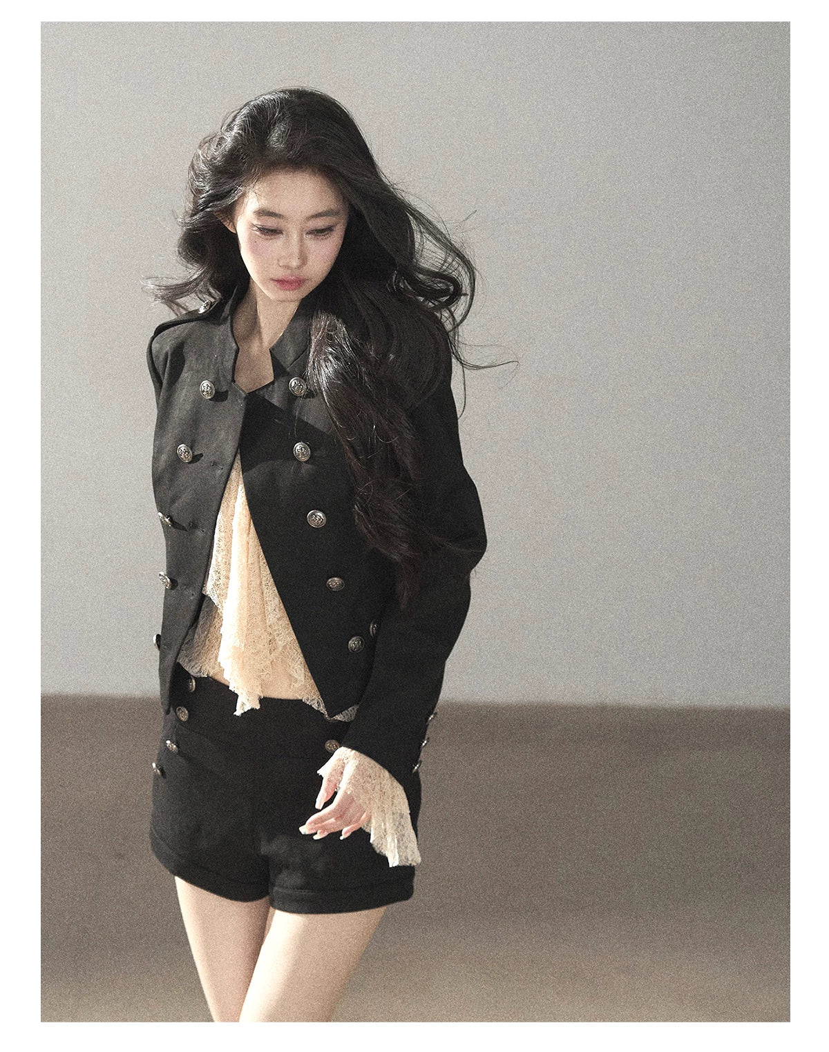 AOMALM - Black Napoleon-Style Jacket & Shorts Set with Milk Tea Top