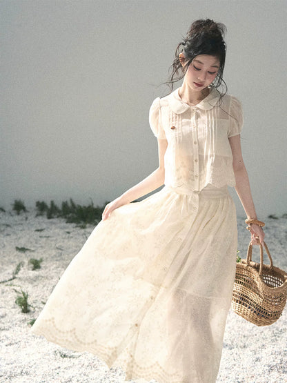 "Apricot Blossom After Rain" Dutch Cheese Lace Blouse & Maxi Skirt Set 532453
