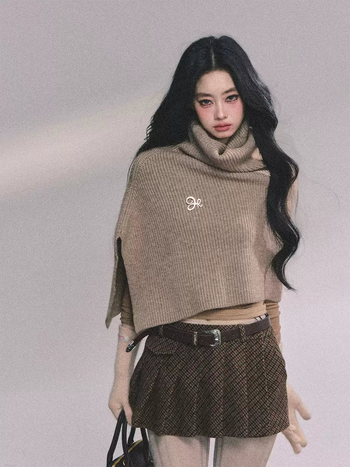 少也眼 Korean Style Loose Turtleneck Knit Cape