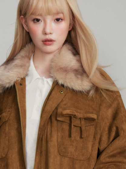 “Maillard Warmth” Yellow-Brown Faux Suede Fleece-Lined Short Jacket M6667