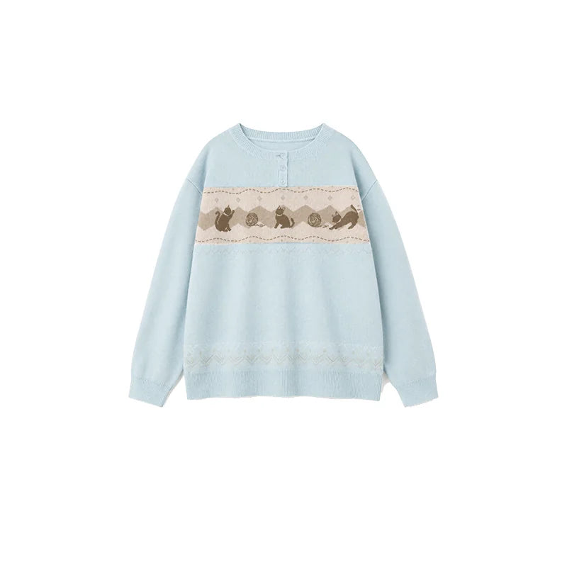 DAILY ARTIST - Light Blue Cat & Yarn Ball Henley Knit Pullover (With Matching Scarf)