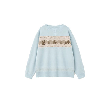 DAILY ARTIST - Light Blue Cat & Yarn Ball Henley Knit Pullover (With Matching Scarf)