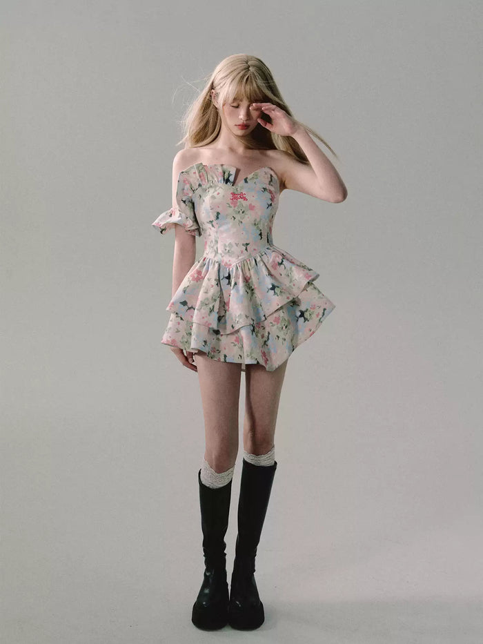 OAKMOO/ "When Blossoms Weep" Multicolor Irregular Floral Mini Dress