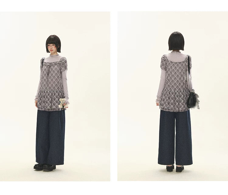"Lazy Weekend" Deep Blue Ruched Wide Leg Jeans