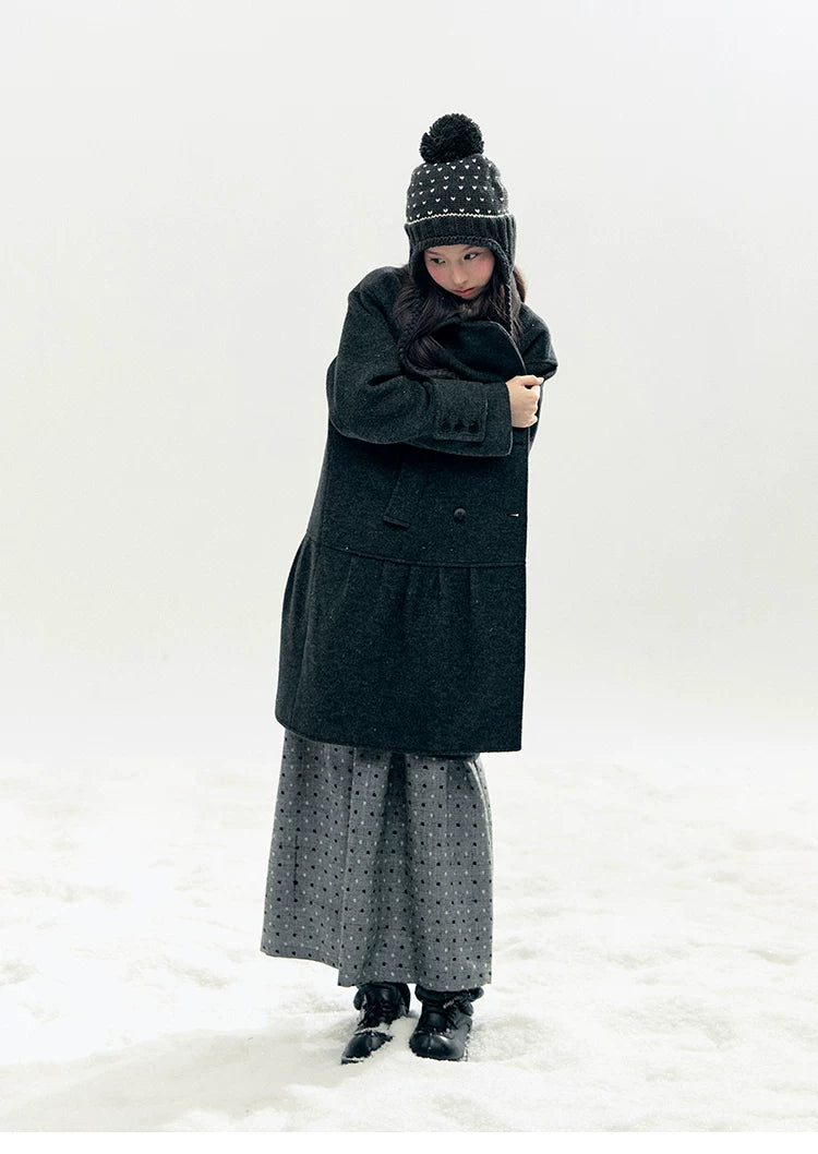 "Snowfall Polka" Charcoal Polka Dot Wool-Blend Midi Skirt