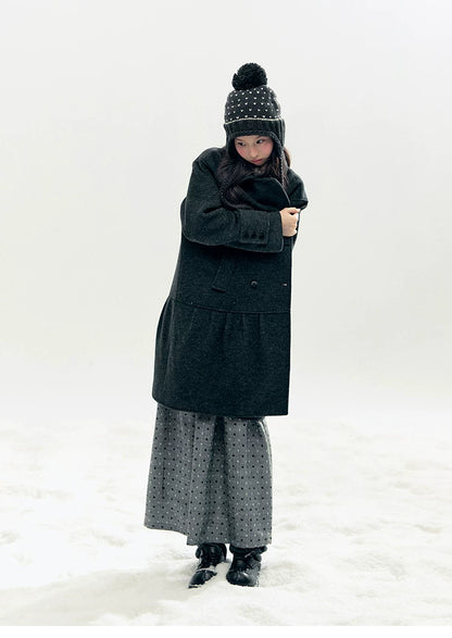 "Snowfall Polka" Charcoal Polka Dot Wool-Blend Midi Skirt