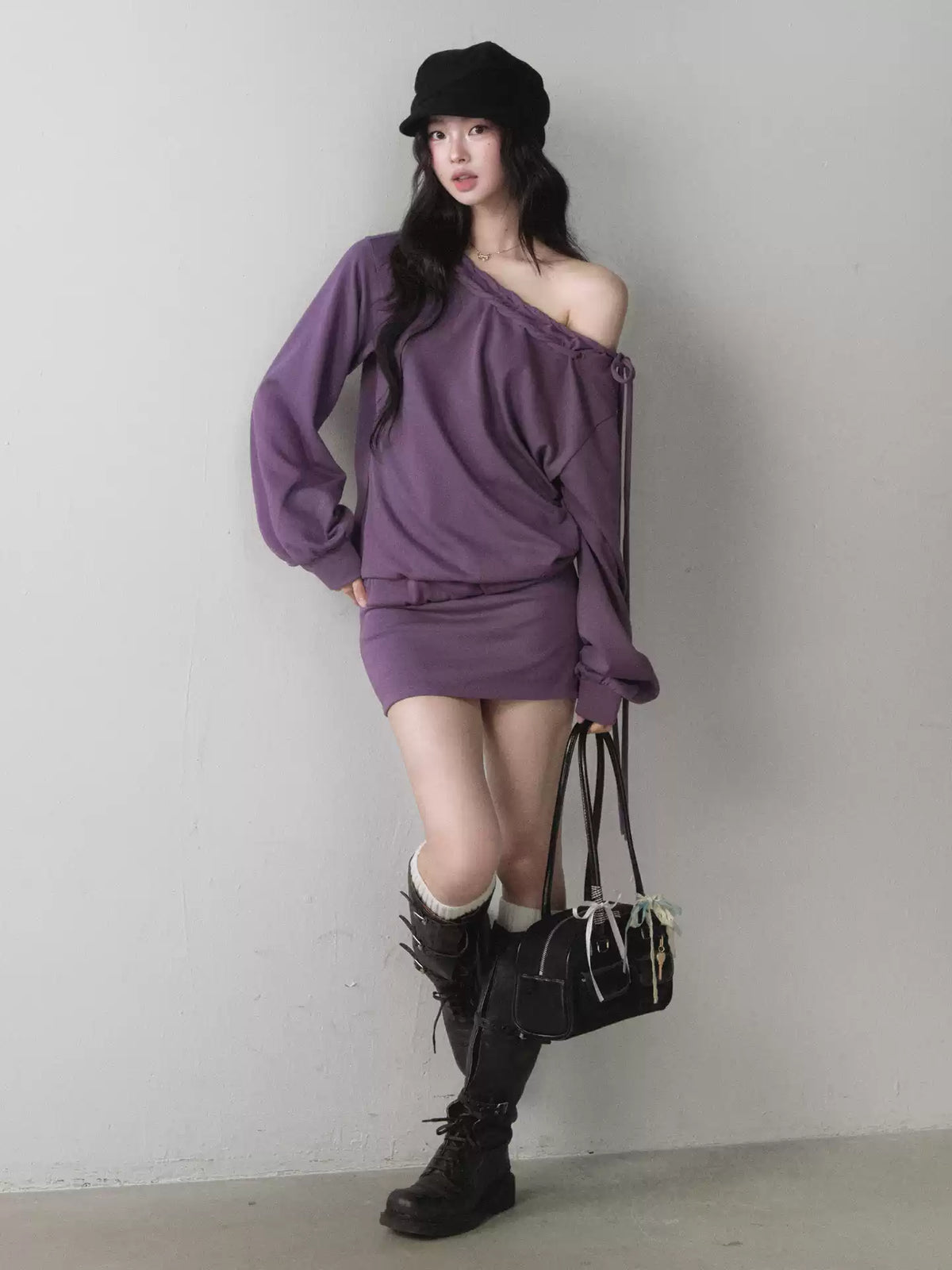 1P - Berry Purple One-Shoulder Sweatshirt & Mini Skirt Set