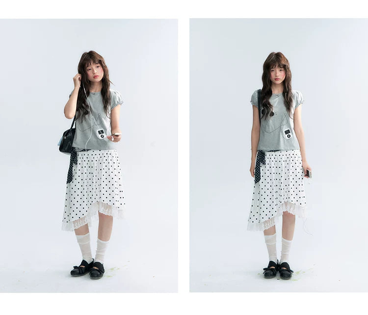 "Polka Poetry" Black & White Polka Dot Asymmetrical Cotton Skirt
