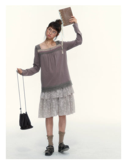 Gray Purple Lace-Trimmed Square-Neck Long-Sleeve T-Shirt